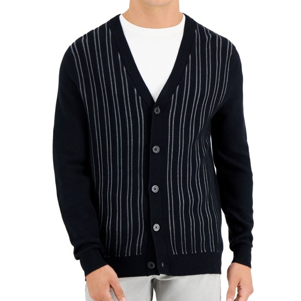Alfani Men's Striped Cardigan Knit Sweater Deep Black Small